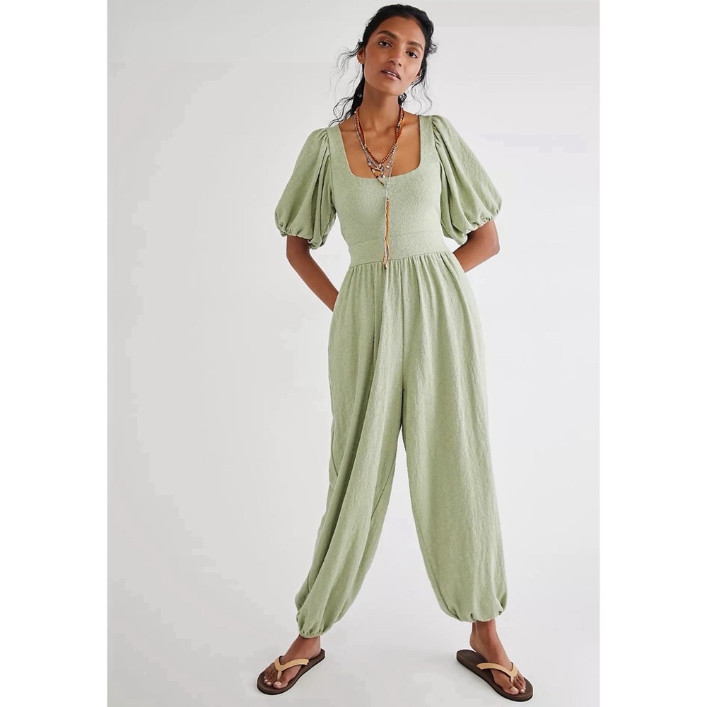 FreePeople Janice One Piece Elegant Green Puff Sleeve Jumpsuit NWT SZ M L